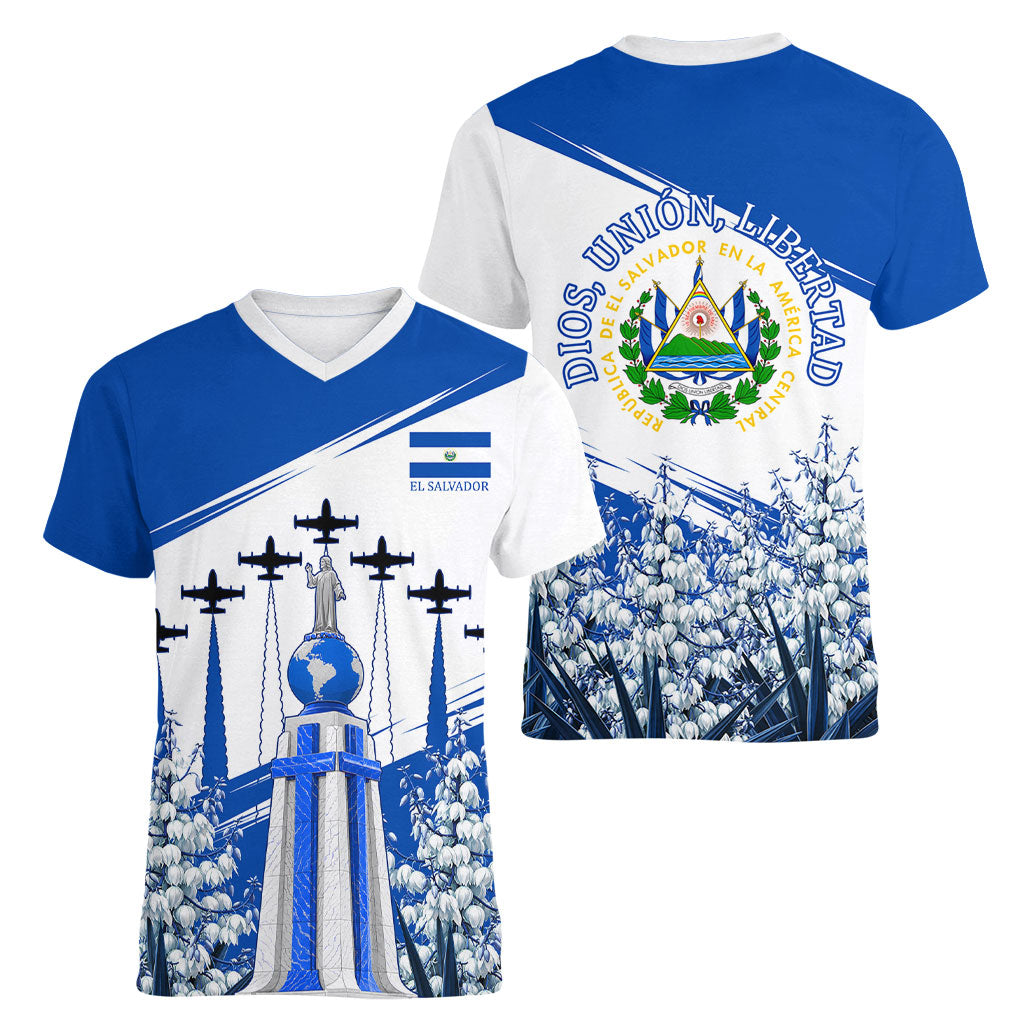 El Salvador Divine Savior Monument Women V-Neck T-Shirt Flor De Izote Coat Of Arms Fighter Jets Art