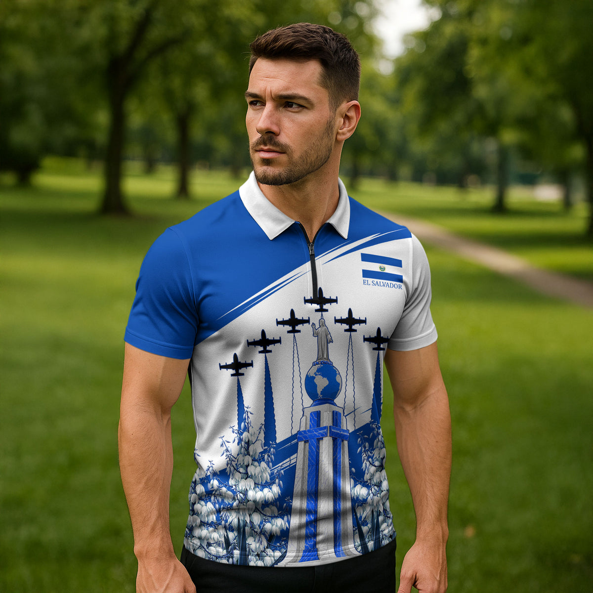 El Salvador Divine Savior Monument Zipper Polo Shirt Flor De Izote Coat Of Arms Fighter Jets Art