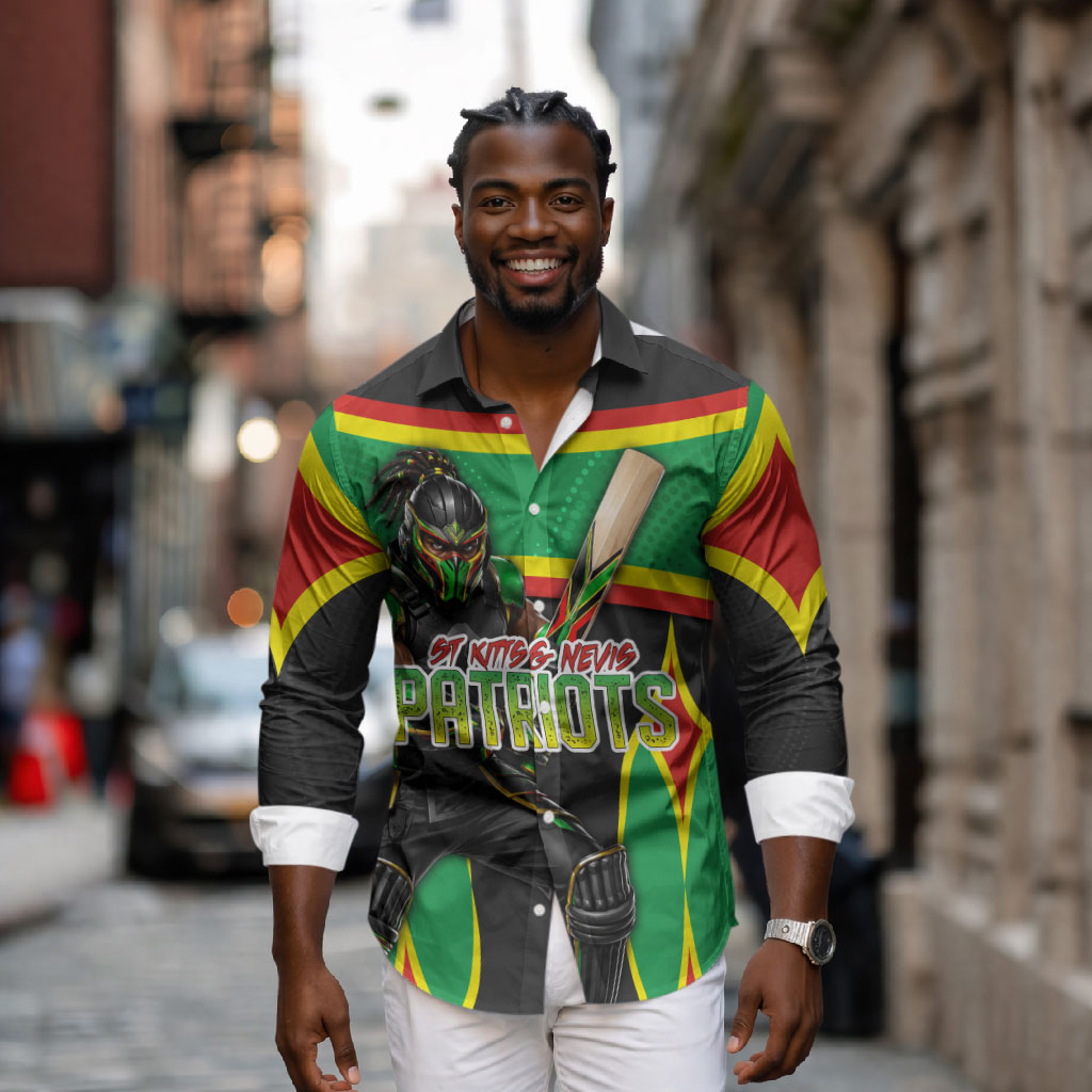 Personalized St Kitts And Nevis Patriots Long Sleeve Button Shirt Caribbean Cricket Player Graphic Art