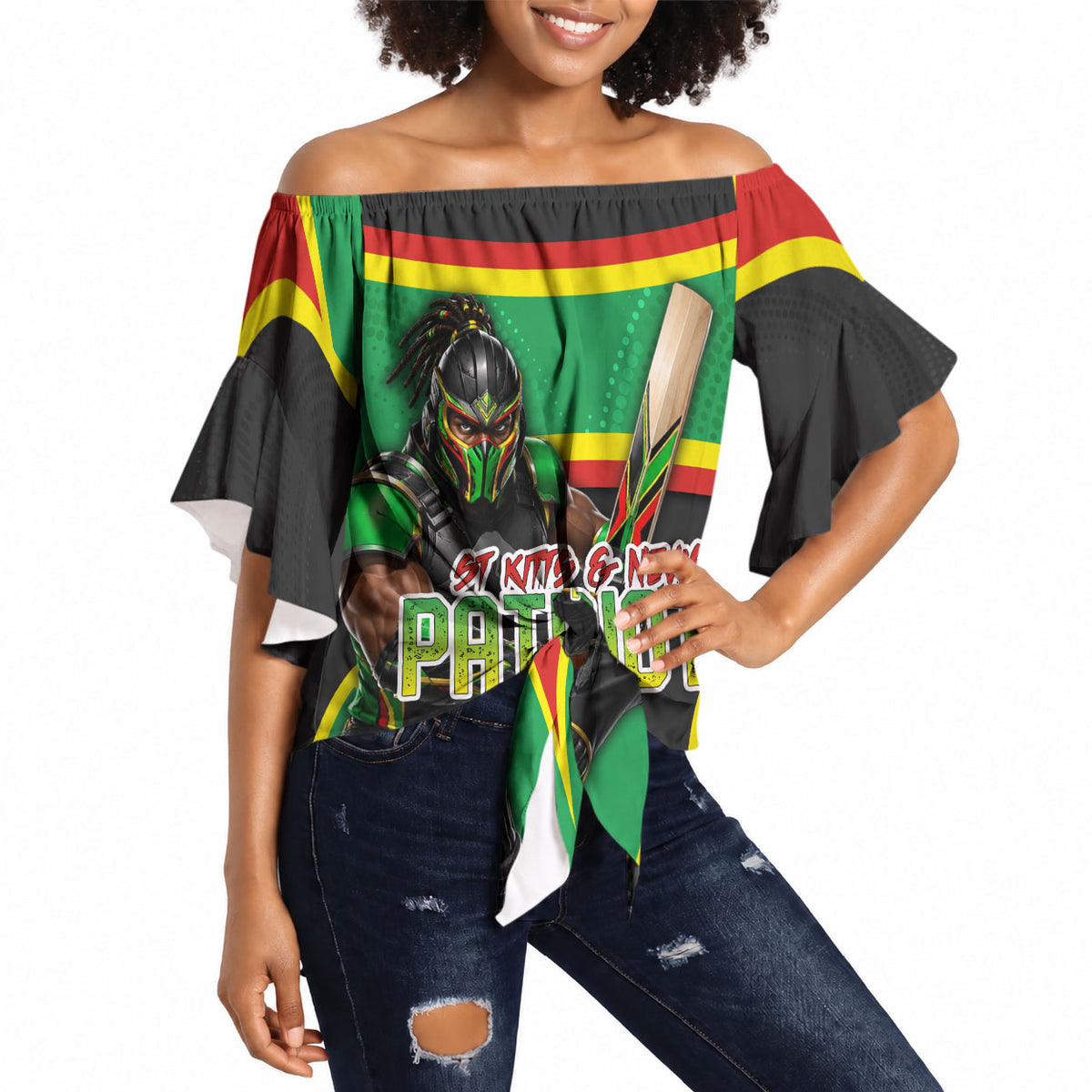 Personalized St Kitts And Nevis Patriots Off Shoulder Wrap Waist Top Caribbean Cricket Player Graphic Art