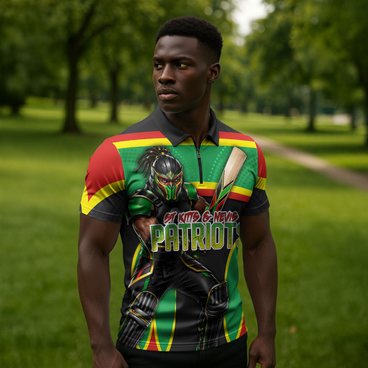 Personalized St Kitts And Nevis Patriots Zipper Polo Shirt Caribbean Cricket Player Graphic Art