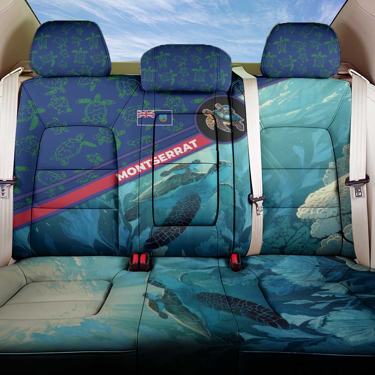 Montserrat Back Car Seat Cover with Sea Turtle Illustration Blue Underwater Ocean Design - Wonder Print Shop