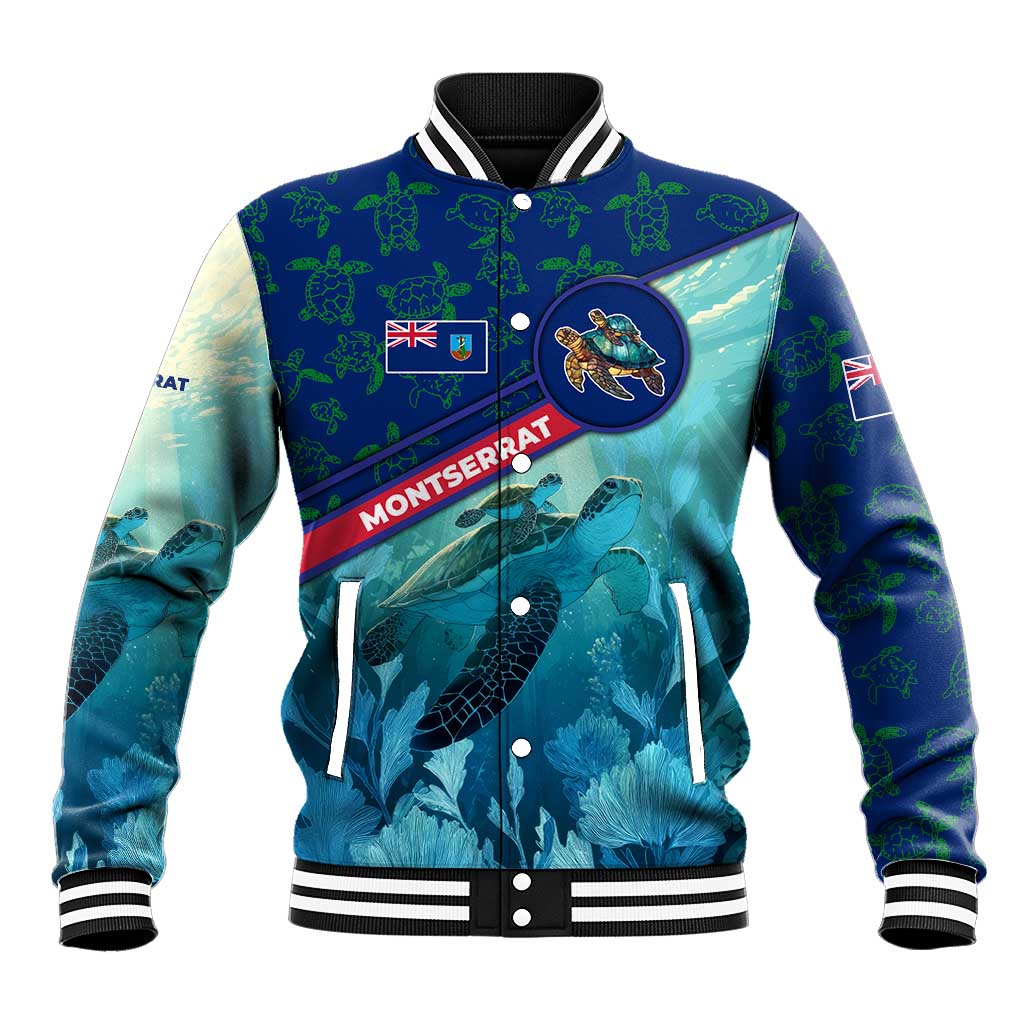 Montserrat Baseball Jacket with Sea Turtle Illustration Blue Underwater Ocean Design - Wonder Print Shop