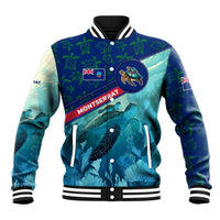 Montserrat Baseball Jacket with Sea Turtle Illustration Blue Underwater Ocean Design - Wonder Print Shop
