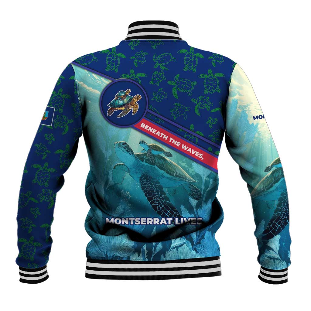 Montserrat Baseball Jacket with Sea Turtle Illustration Blue Underwater Ocean Design - Wonder Print Shop