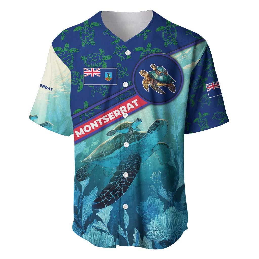 Montserrat Baseball Jersey with Sea Turtle Illustration Blue Underwater Ocean Design - Wonder Print Shop