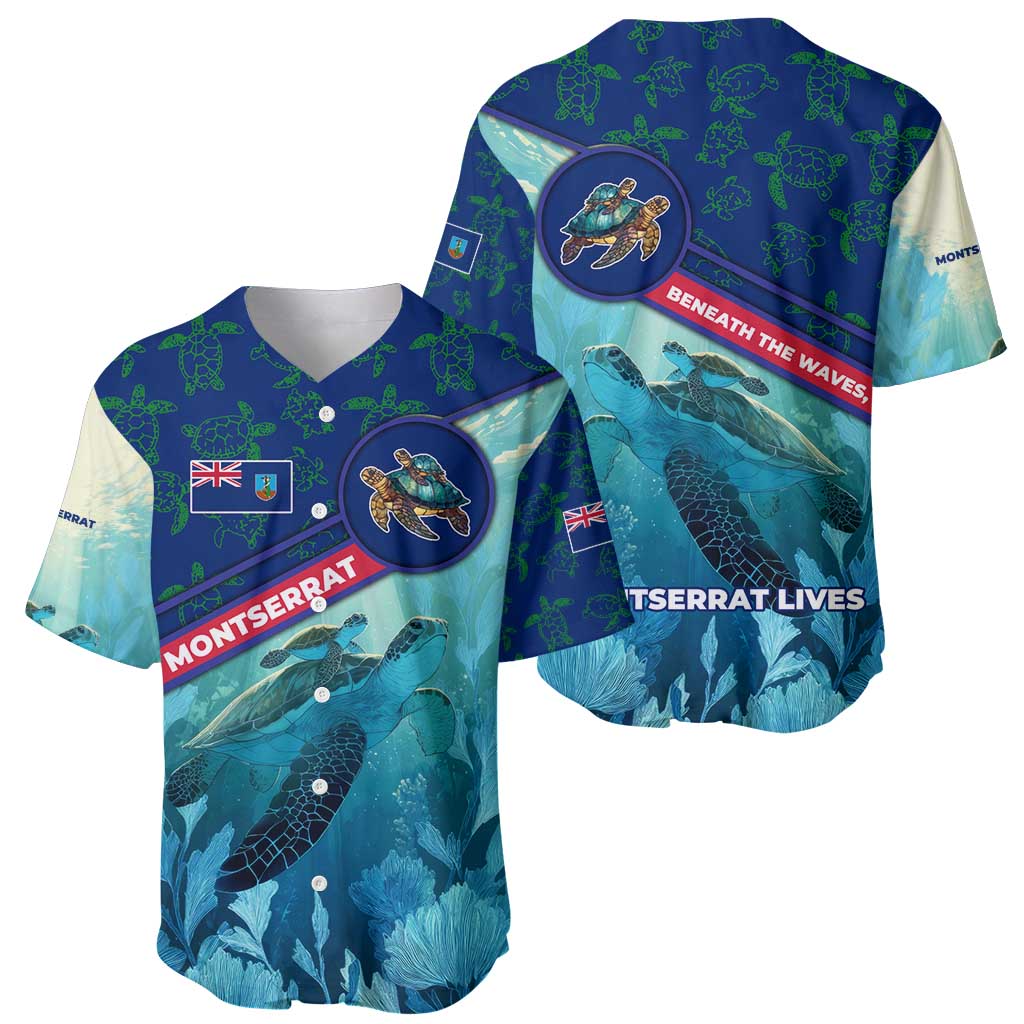 Montserrat Baseball Jersey with Sea Turtle Illustration Blue Underwater Ocean Design - Wonder Print Shop