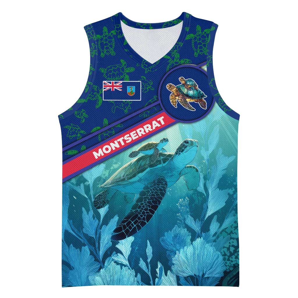 Montserrat Basketball Jersey with Sea Turtle Illustration Blue Underwater Ocean Design - Wonder Print Shop