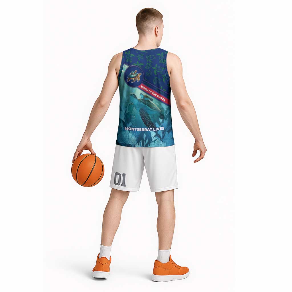 Montserrat Basketball Jersey with Sea Turtle Illustration Blue Underwater Ocean Design - Wonder Print Shop