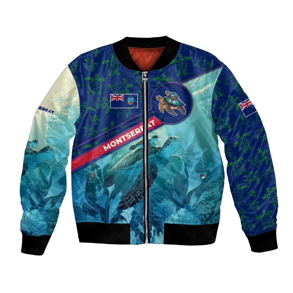 Montserrat Bomber Jacket with Sea Turtle Illustration Blue Underwater Ocean Design - Wonder Print Shop