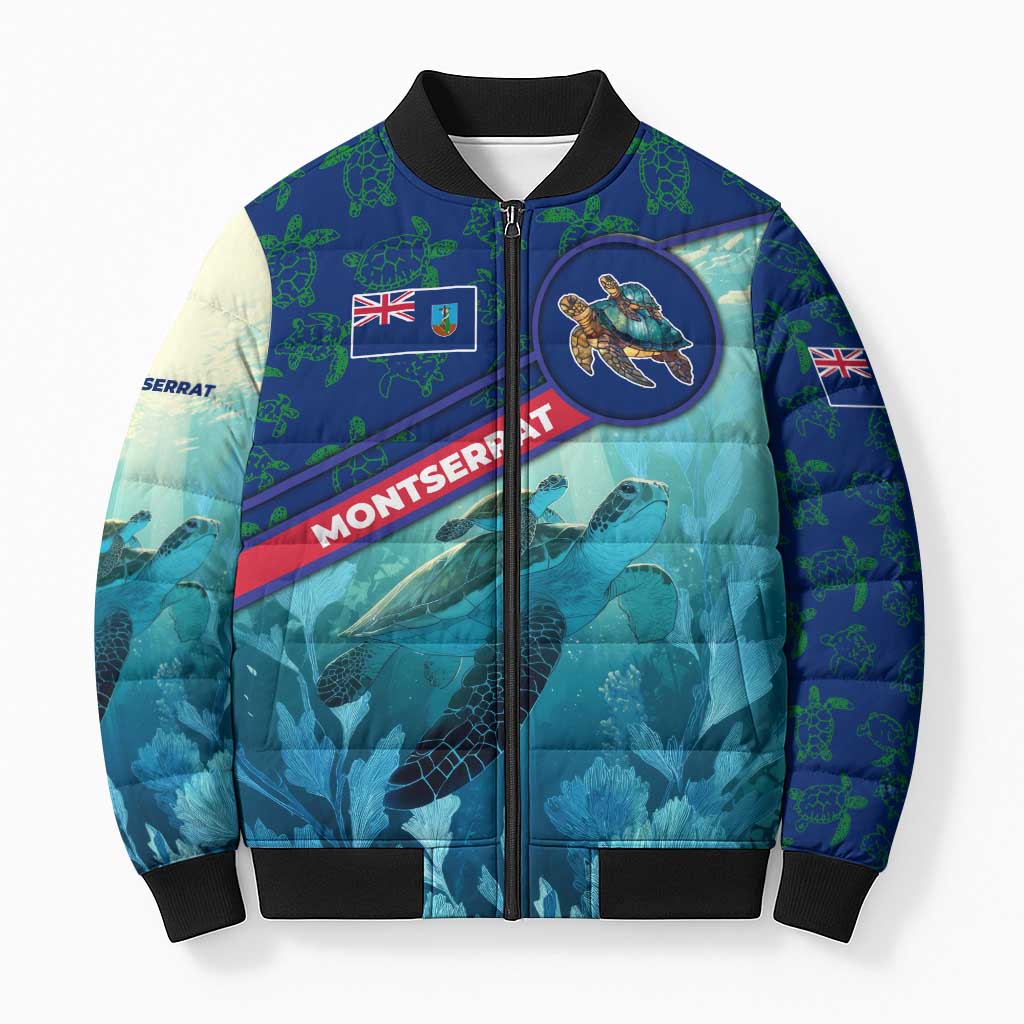 Montserrat Bomber Puffer Jacket with Sea Turtle Illustration Blue Underwater Ocean Design - Wonder Print Shop