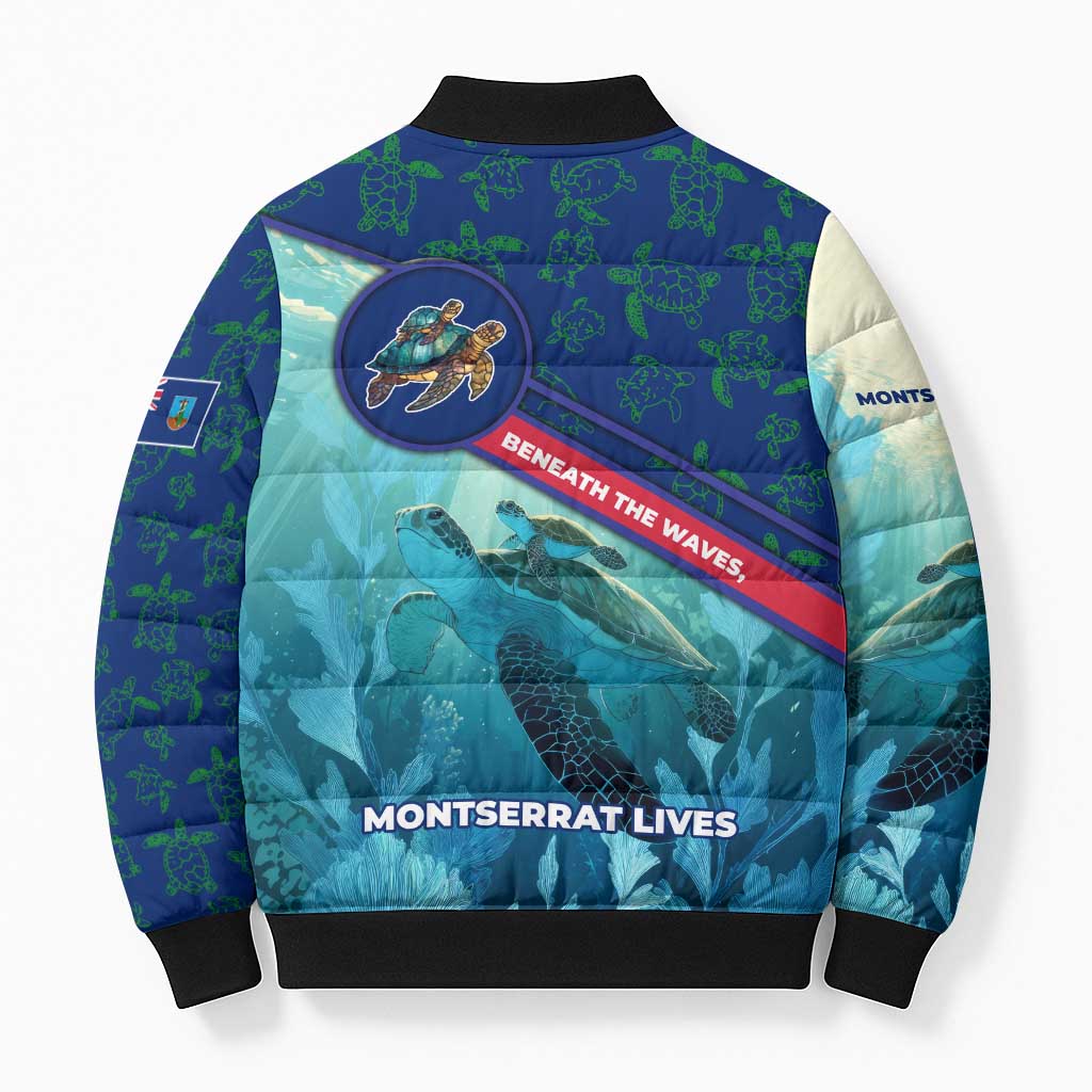 Montserrat Bomber Puffer Jacket with Sea Turtle Illustration Blue Underwater Ocean Design - Wonder Print Shop