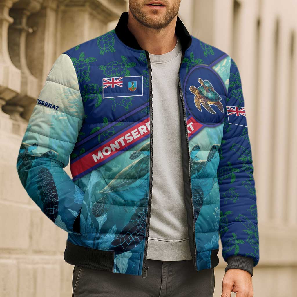 Montserrat Bomber Puffer Jacket with Sea Turtle Illustration Blue Underwater Ocean Design - Wonder Print Shop
