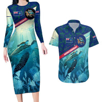 Montserrat Couples Matching Long Sleeve Bodycon Dress and Hawaiian Shirt with Sea Turtle Illustration Blue Underwater Ocean Design - Wonder Print Shop