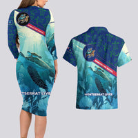 Montserrat Couples Matching Long Sleeve Bodycon Dress and Hawaiian Shirt with Sea Turtle Illustration Blue Underwater Ocean Design - Wonder Print Shop