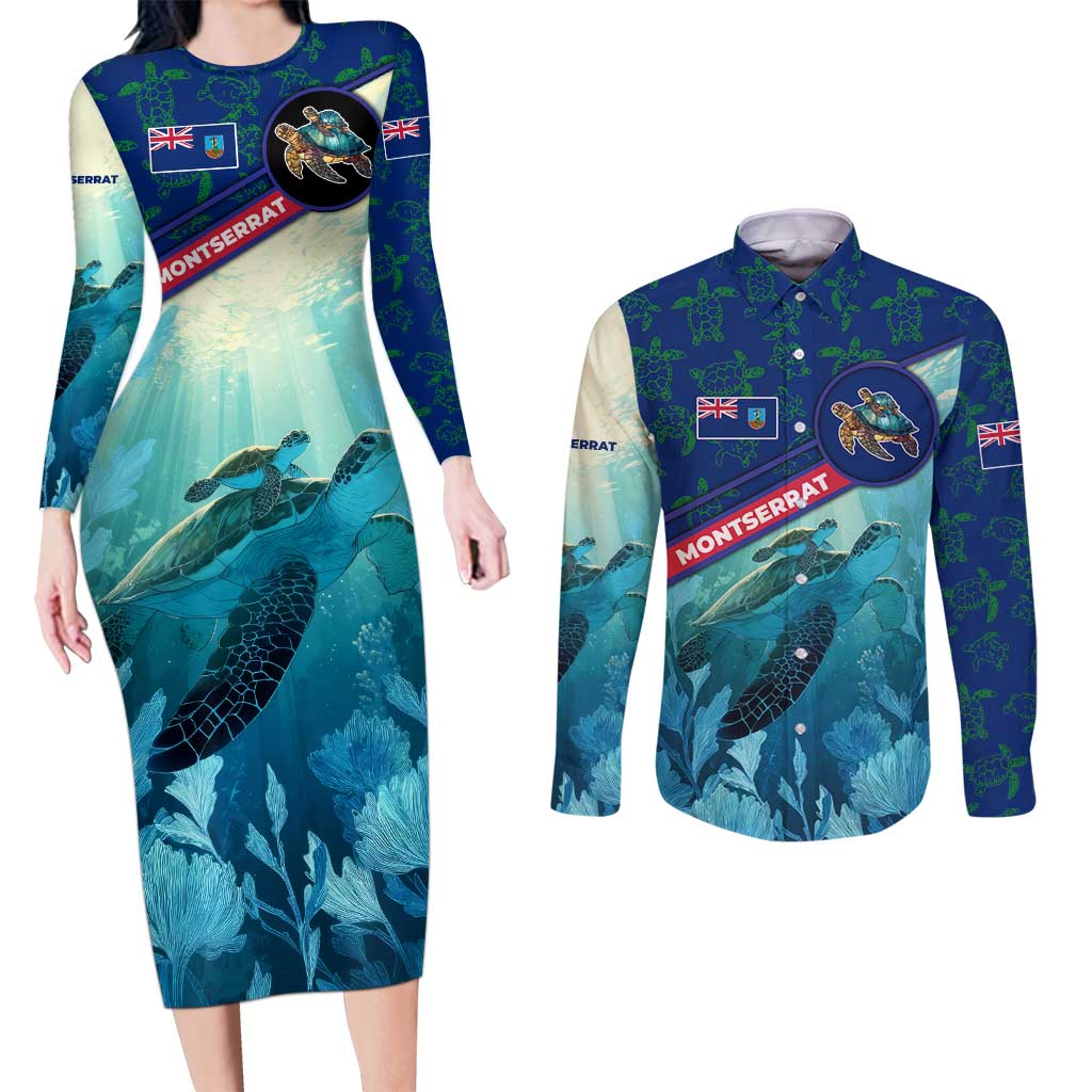 Montserrat Couples Matching Long Sleeve Bodycon Dress and Long Sleeve Button Shirt with Sea Turtle Illustration Blue Underwater Ocean Design - Wonder Print Shop