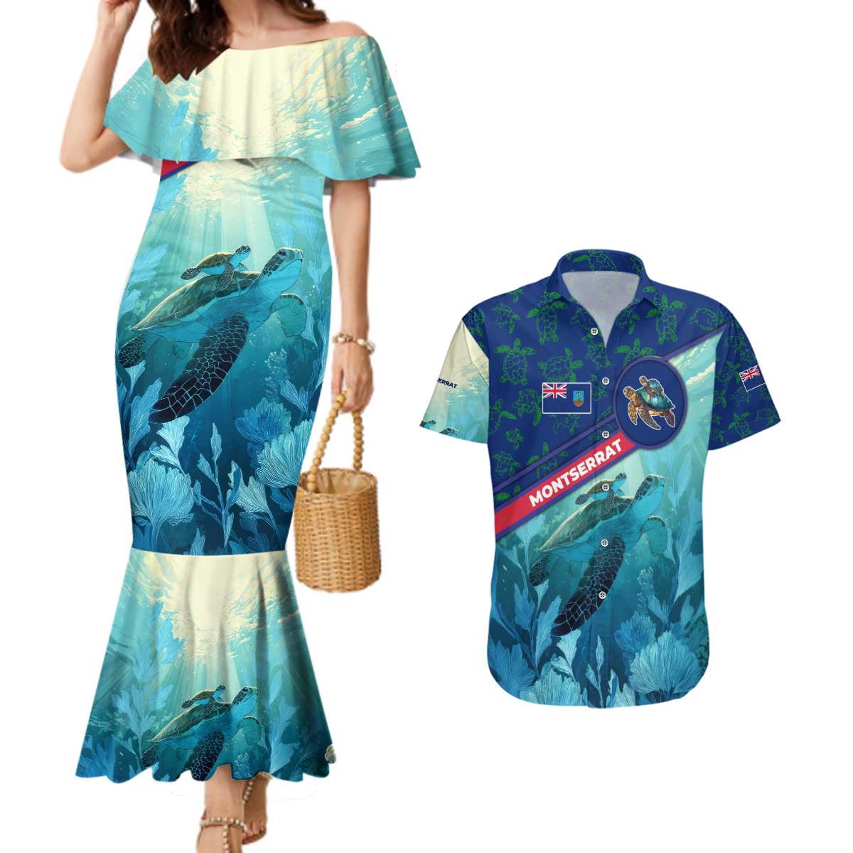 Montserrat Couples Matching Mermaid Dress and Hawaiian Shirt with Sea Turtle Illustration Blue Underwater Ocean Design - Wonder Print Shop