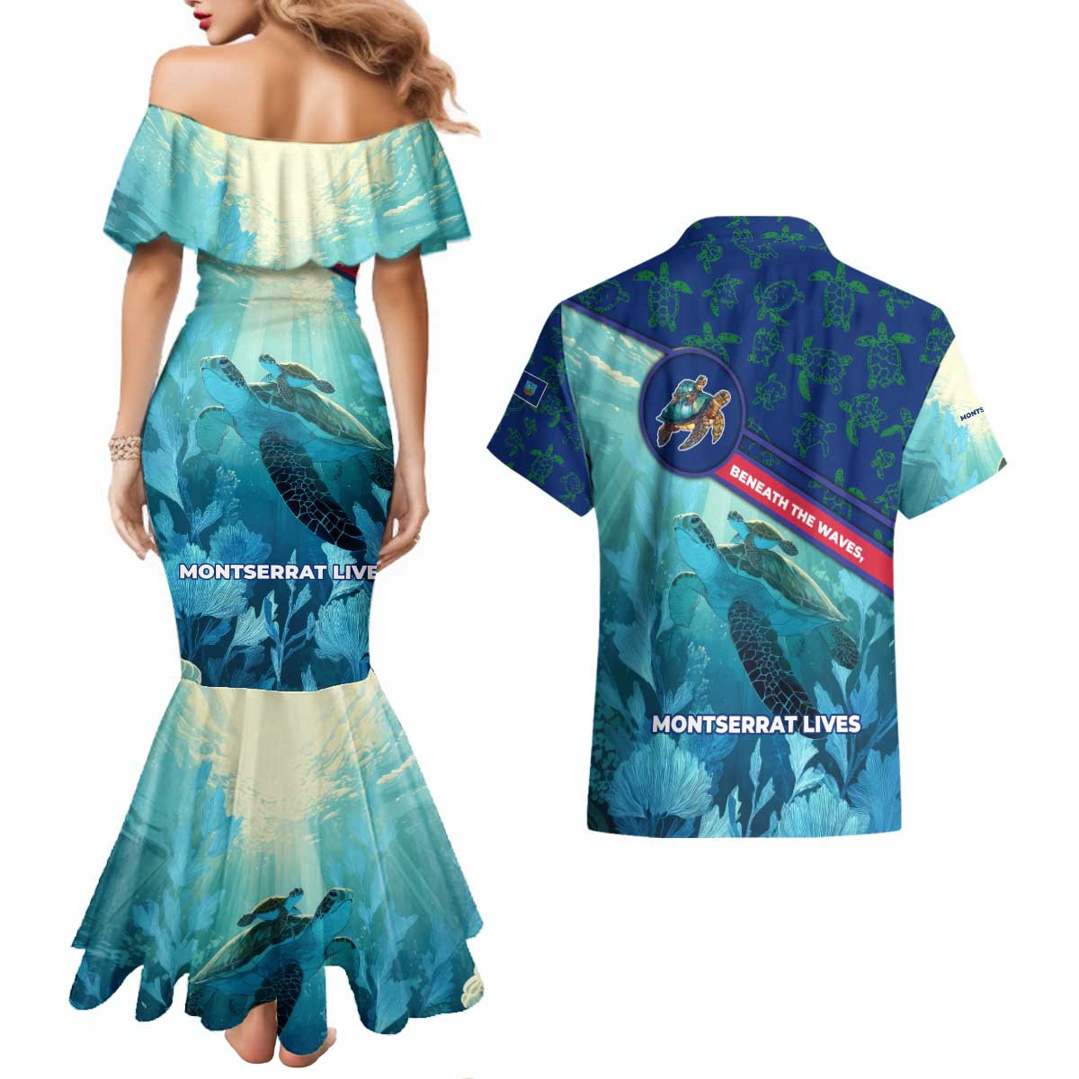Montserrat Couples Matching Mermaid Dress and Hawaiian Shirt with Sea Turtle Illustration Blue Underwater Ocean Design - Wonder Print Shop