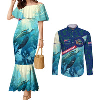 Montserrat Couples Matching Mermaid Dress and Long Sleeve Button Shirt with Sea Turtle Illustration Blue Underwater Ocean Design - Wonder Print Shop