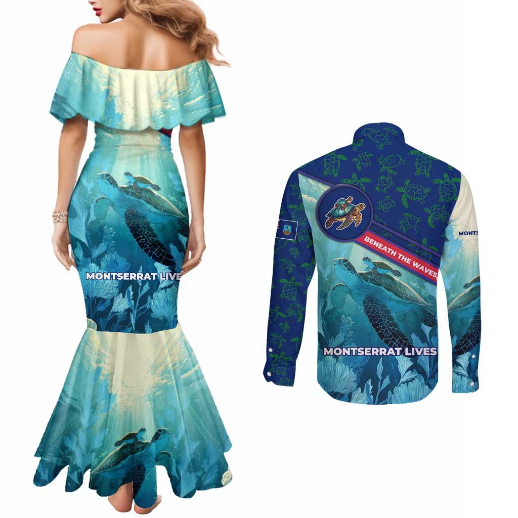 Montserrat Couples Matching Mermaid Dress and Long Sleeve Button Shirt with Sea Turtle Illustration Blue Underwater Ocean Design - Wonder Print Shop