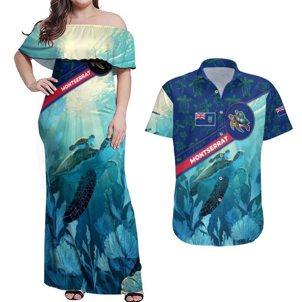 Montserrat Couples Matching Off Shoulder Maxi Dress and Hawaiian Shirt with Sea Turtle Illustration Blue Underwater Ocean Design - Wonder Print Shop