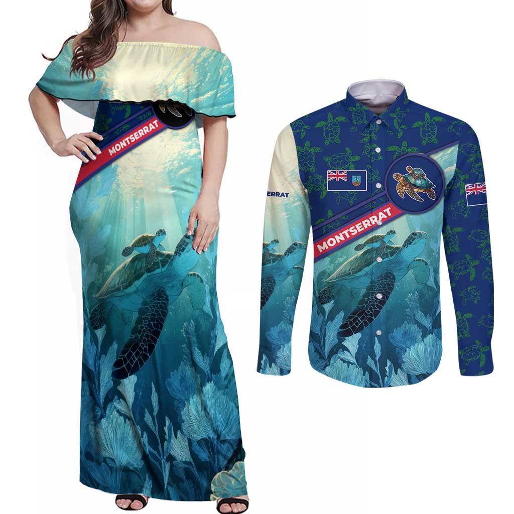 Montserrat Couples Matching Off Shoulder Maxi Dress and Long Sleeve Button Shirt with Sea Turtle Illustration Blue Underwater Ocean Design - Wonder Print Shop