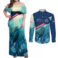 Montserrat Couples Matching Off Shoulder Maxi Dress and Long Sleeve Button Shirt with Sea Turtle Illustration Blue Underwater Ocean Design - Wonder Print Shop