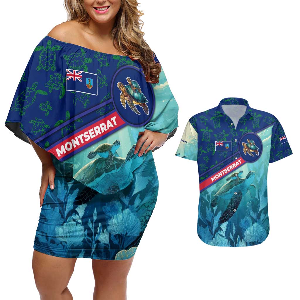Montserrat Couples Matching Off Shoulder Short Dress and Hawaiian Shirt with Sea Turtle Illustration Blue Underwater Ocean Design - Wonder Print Shop
