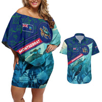 Montserrat Couples Matching Off Shoulder Short Dress and Hawaiian Shirt with Sea Turtle Illustration Blue Underwater Ocean Design - Wonder Print Shop