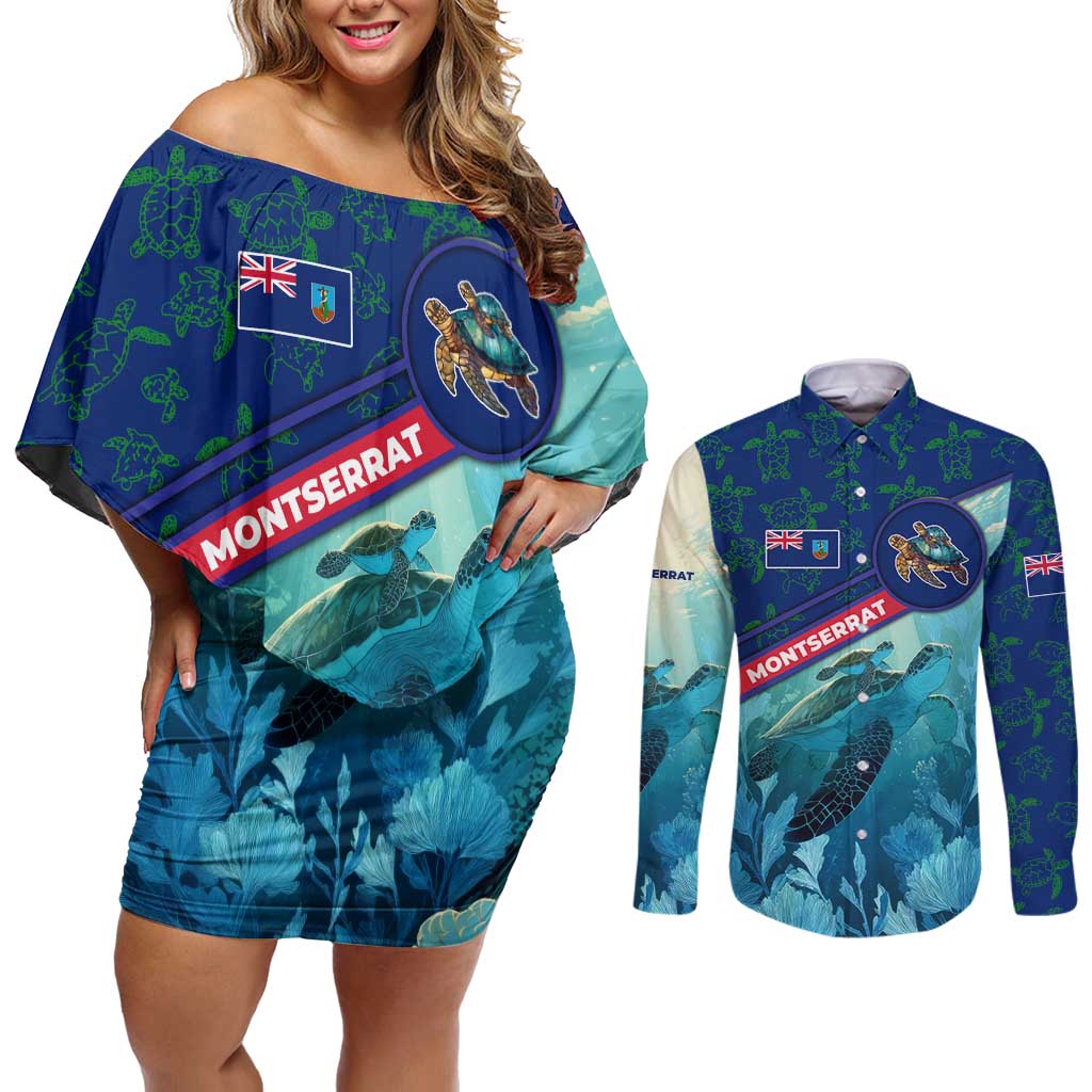 Montserrat Couples Matching Off Shoulder Short Dress and Long Sleeve Button Shirt with Sea Turtle Illustration Blue Underwater Ocean Design - Wonder Print Shop
