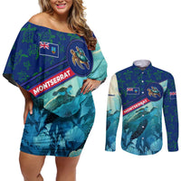 Montserrat Couples Matching Off Shoulder Short Dress and Long Sleeve Button Shirt with Sea Turtle Illustration Blue Underwater Ocean Design - Wonder Print Shop