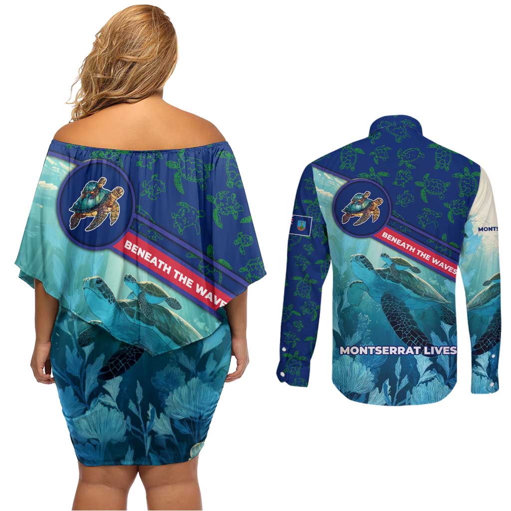 Montserrat Couples Matching Off Shoulder Short Dress and Long Sleeve Button Shirt with Sea Turtle Illustration Blue Underwater Ocean Design - Wonder Print Shop