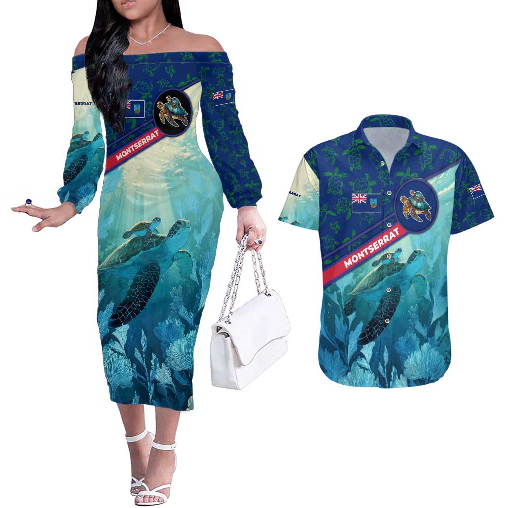 Montserrat Couples Matching Off The Shoulder Long Sleeve Dress and Hawaiian Shirt with Sea Turtle Illustration Blue Underwater Ocean Design - Wonder Print Shop