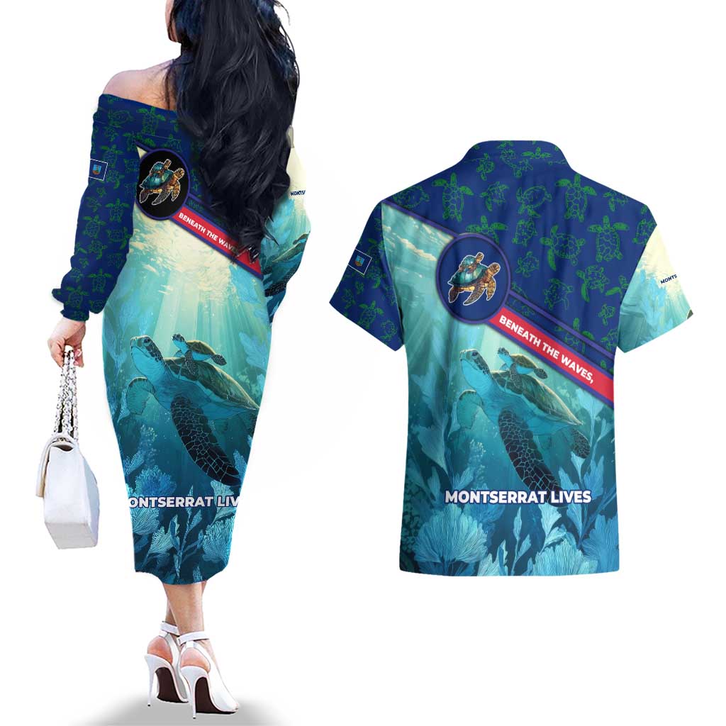 Montserrat Couples Matching Off The Shoulder Long Sleeve Dress and Hawaiian Shirt with Sea Turtle Illustration Blue Underwater Ocean Design - Wonder Print Shop