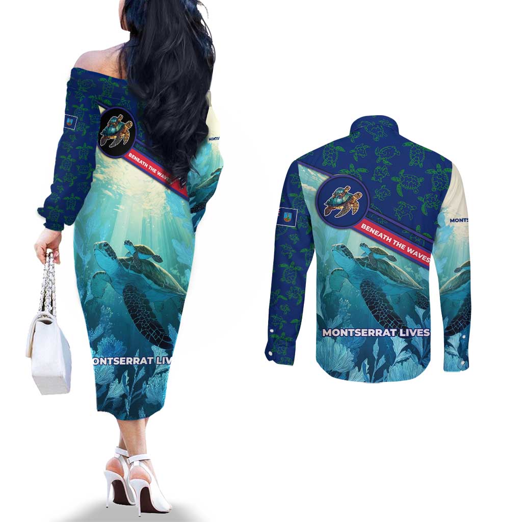 Montserrat Couples Matching Off The Shoulder Long Sleeve Dress and Long Sleeve Button Shirt with Sea Turtle Illustration Blue Underwater Ocean Design - Wonder Print Shop