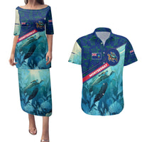 Montserrat Couples Matching Puletasi and Hawaiian Shirt with Sea Turtle Illustration Blue Underwater Ocean Design - Wonder Print Shop