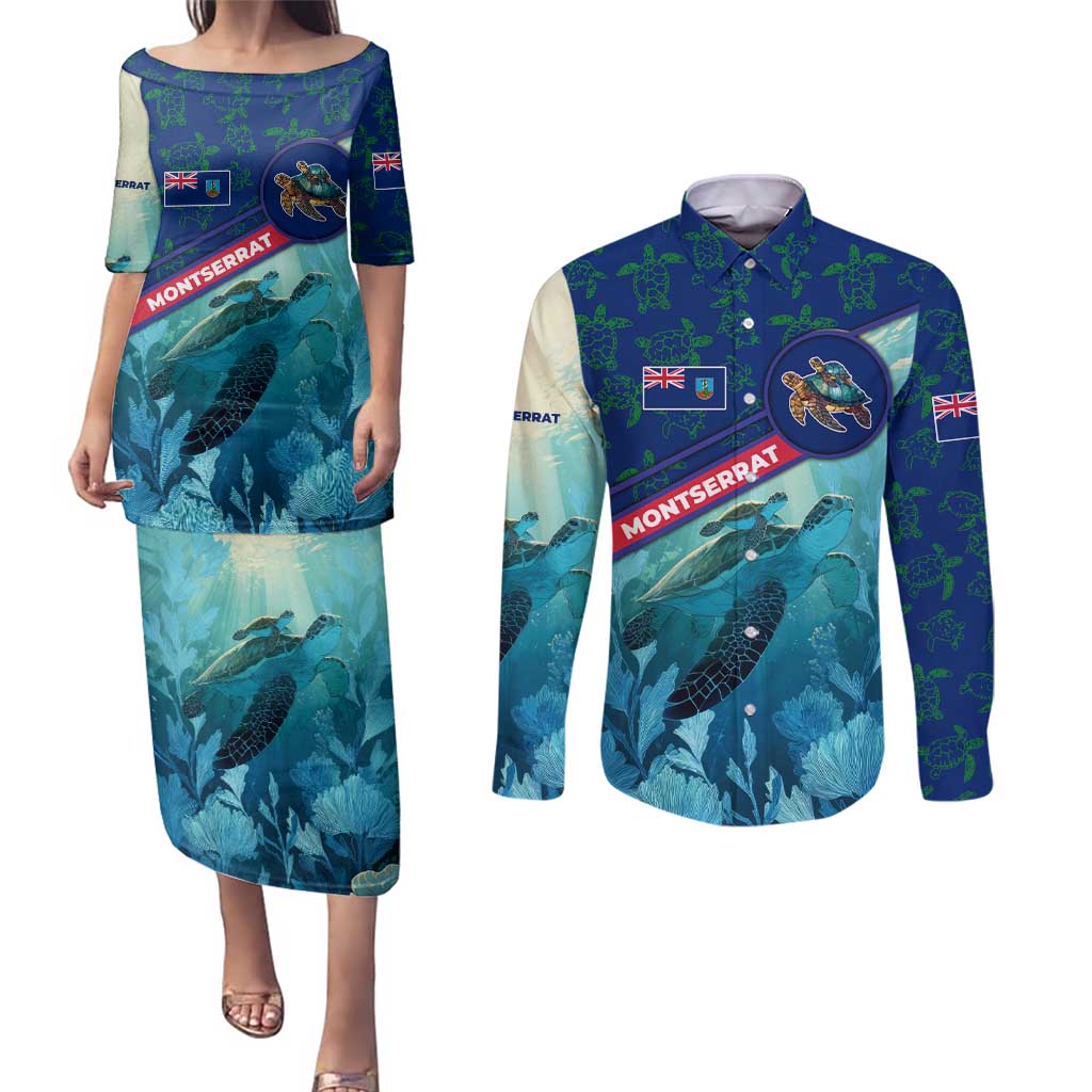Montserrat Couples Matching Puletasi and Long Sleeve Button Shirt with Sea Turtle Illustration Blue Underwater Ocean Design - Wonder Print Shop