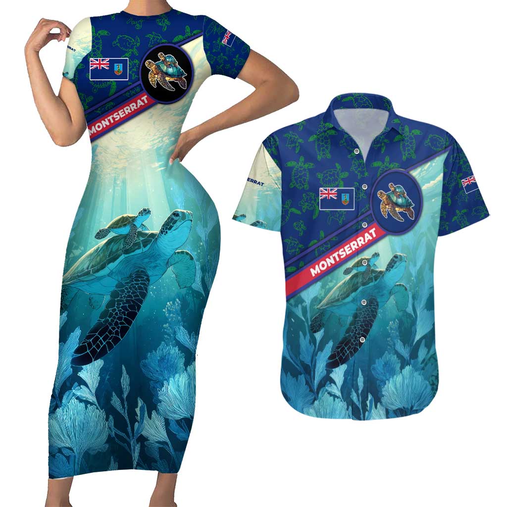Montserrat Couples Matching Short Sleeve Bodycon Dress and Hawaiian Shirt with Sea Turtle Illustration Blue Underwater Ocean Design - Wonder Print Shop