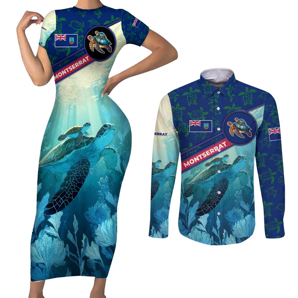 Montserrat Couples Matching Short Sleeve Bodycon Dress and Long Sleeve Button Shirt with Sea Turtle Illustration Blue Underwater Ocean Design - Wonder Print Shop