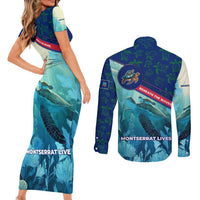 Montserrat Couples Matching Short Sleeve Bodycon Dress and Long Sleeve Button Shirt with Sea Turtle Illustration Blue Underwater Ocean Design - Wonder Print Shop