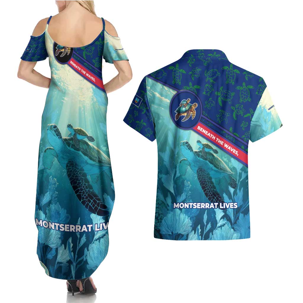 Montserrat Couples Matching Summer Maxi Dress and Hawaiian Shirt with Sea Turtle Illustration Blue Underwater Ocean Design - Wonder Print Shop