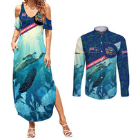 Montserrat Couples Matching Summer Maxi Dress and Long Sleeve Button Shirt with Sea Turtle Illustration Blue Underwater Ocean Design - Wonder Print Shop