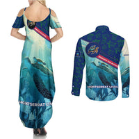 Montserrat Couples Matching Summer Maxi Dress and Long Sleeve Button Shirt with Sea Turtle Illustration Blue Underwater Ocean Design - Wonder Print Shop