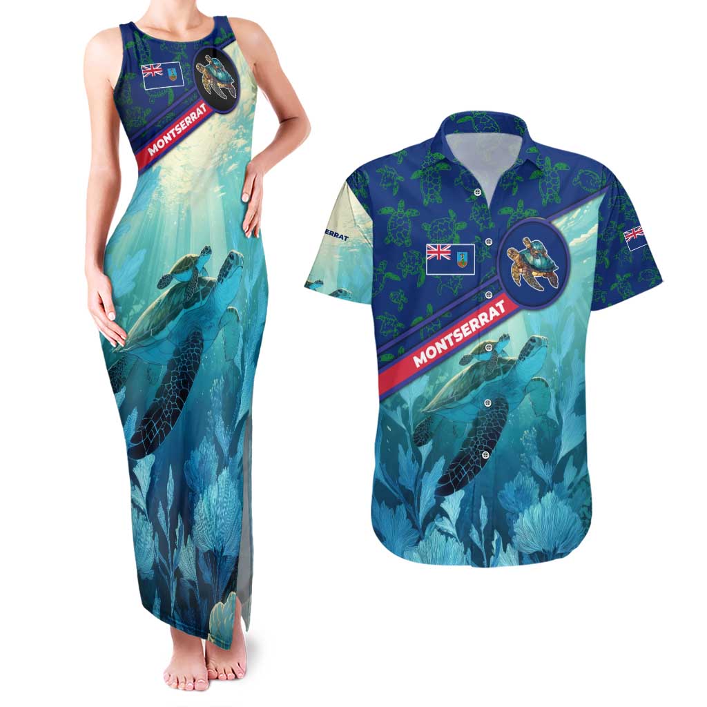 Montserrat Couples Matching Tank Maxi Dress and Hawaiian Shirt with Sea Turtle Illustration Blue Underwater Ocean Design - Wonder Print Shop