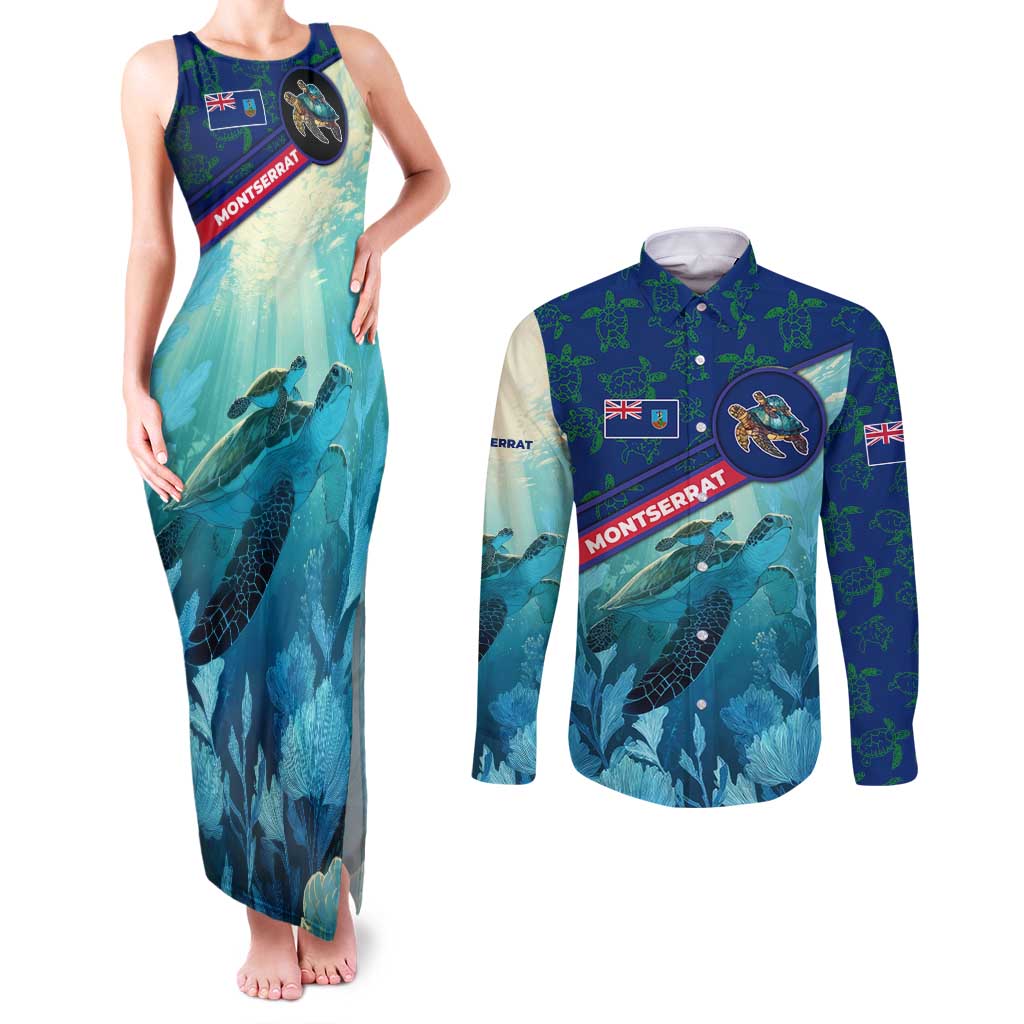 Montserrat Couples Matching Tank Maxi Dress and Long Sleeve Button Shirt with Sea Turtle Illustration Blue Underwater Ocean Design - Wonder Print Shop