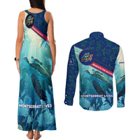 Montserrat Couples Matching Tank Maxi Dress and Long Sleeve Button Shirt with Sea Turtle Illustration Blue Underwater Ocean Design - Wonder Print Shop