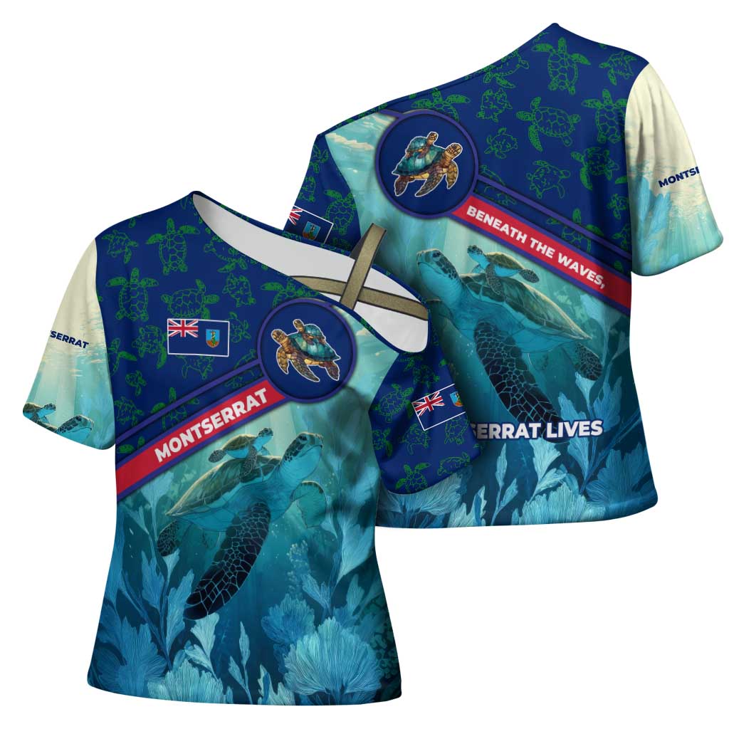 Montserrat Cross Shoulder Shirt with Sea Turtle Illustration Blue Underwater Ocean Design - Wonder Print Shop