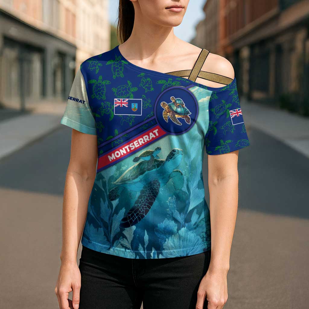 Montserrat Cross Shoulder Shirt with Sea Turtle Illustration Blue Underwater Ocean Design - Wonder Print Shop
