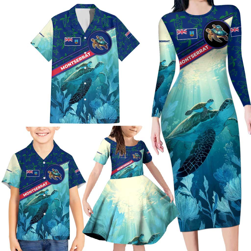 Montserrat Family Matching Long Sleeve Bodycon Dress and Hawaiian Shirt with Sea Turtle Illustration Blue Underwater Ocean Design - Wonder Print Shop