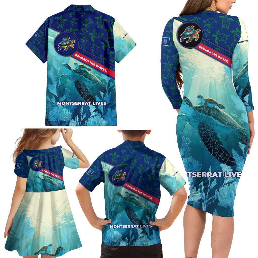 Montserrat Family Matching Long Sleeve Bodycon Dress and Hawaiian Shirt with Sea Turtle Illustration Blue Underwater Ocean Design - Wonder Print Shop
